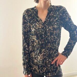 Anthropology Top Blouse Long Sleeves Button Military Army Style Notch Neck Top